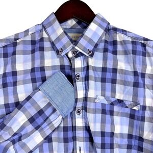 7 DIAMONDS Mens Long Sleeve Button Down‎ Plaid Shirt Computer Blue Size L